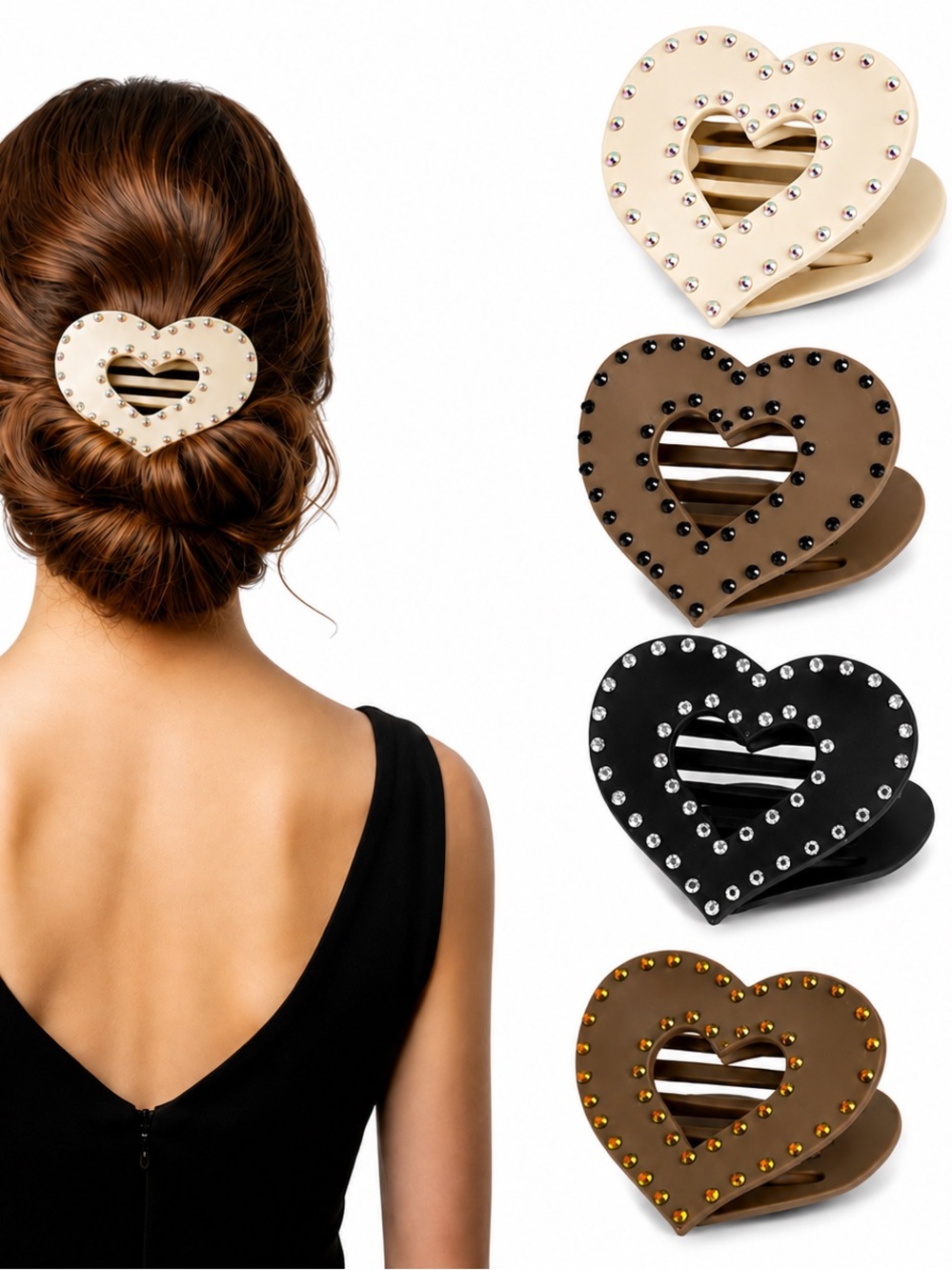 Elegant Heart-Shaped Rhinestone Matte Hair Clip Set | Non-Slip Flat Claw Clip